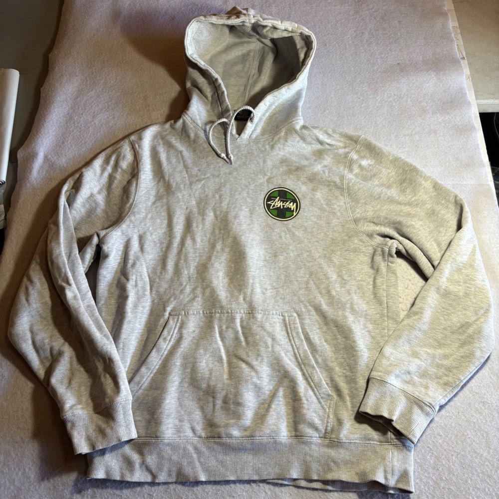Stussy Mens‎ Heather Gray Cross Logo Graphic Pullover Hoodie Medium